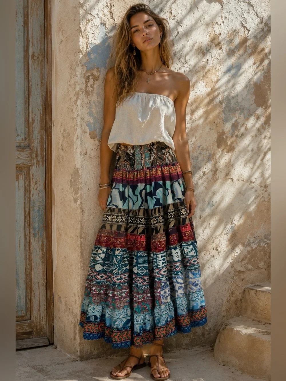 Recycled Silk Blend Floral Patchwork Tiered Ruffle Skirt Free Size Gypsy Boho